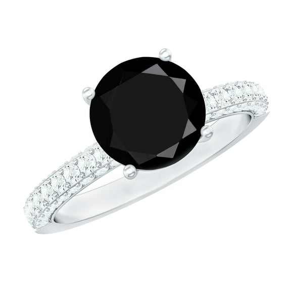 Rosec Jewels Natural Black Onyx Engagement Ring 2 Carat, with Moissanite - 8 mm - AAA Quality (December Birthstone), 925 Sterling Silver, US 4.00