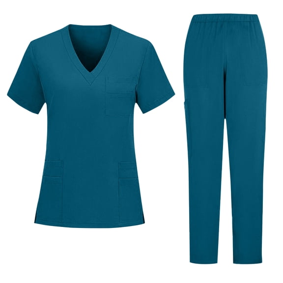 HAJWOH Blue Scrubs for Men Set Stretchy Nurse Uniform Short Sleeve V-Neck Scrub Top & Pants Solid Color Scrub Suit with Multi Pockets Blue 2XL