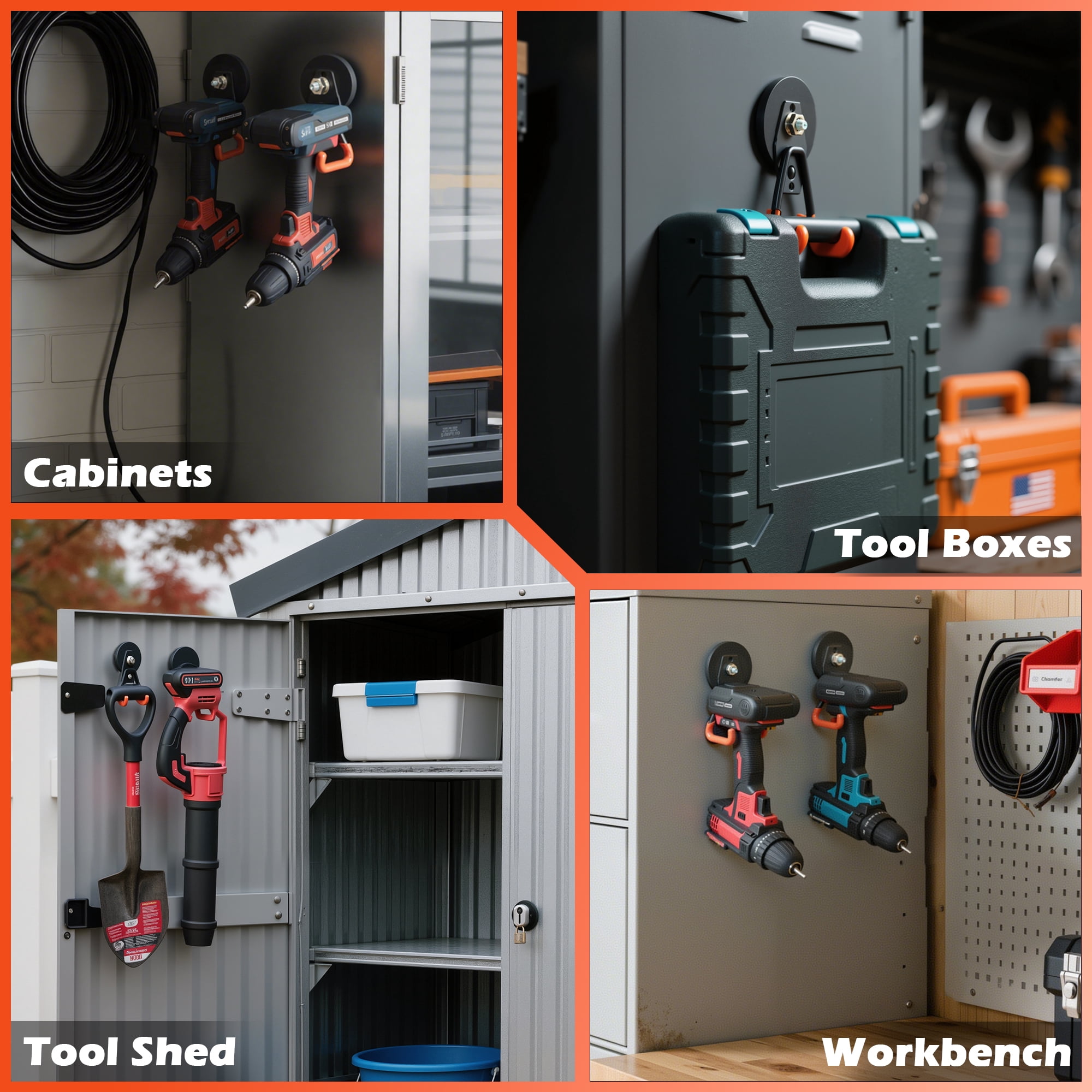 ULIBERMAGNET New Upgraded Heavy Duty Magnetic Garage Hooks,2 Pack Strong Large Magnet Hooks for Power Drill,Garden Tools,Hose,Pegboard,Garage, Workshop,Magnetic Storage Hook for Hanging(Orange)