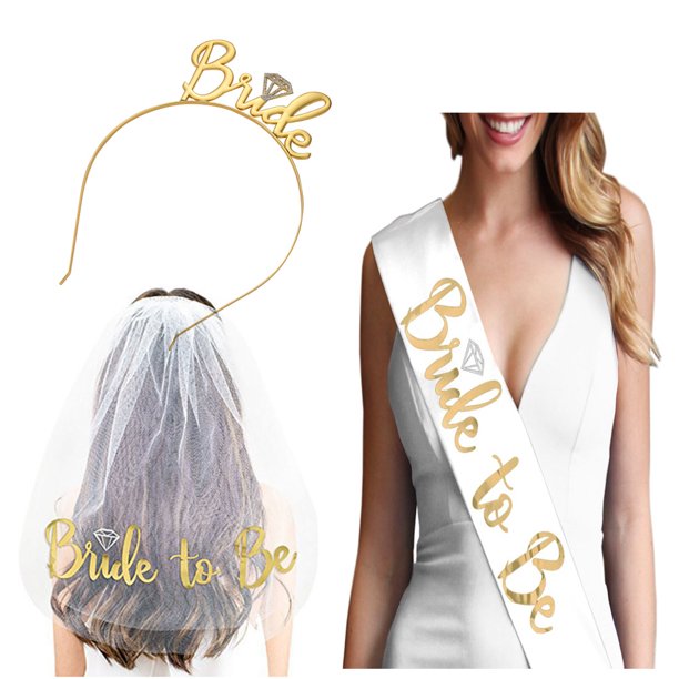 Conjunto de tres piezas de diadema con correa para el hombro y velo para novia con palabra bronceadora para despedida de soltero