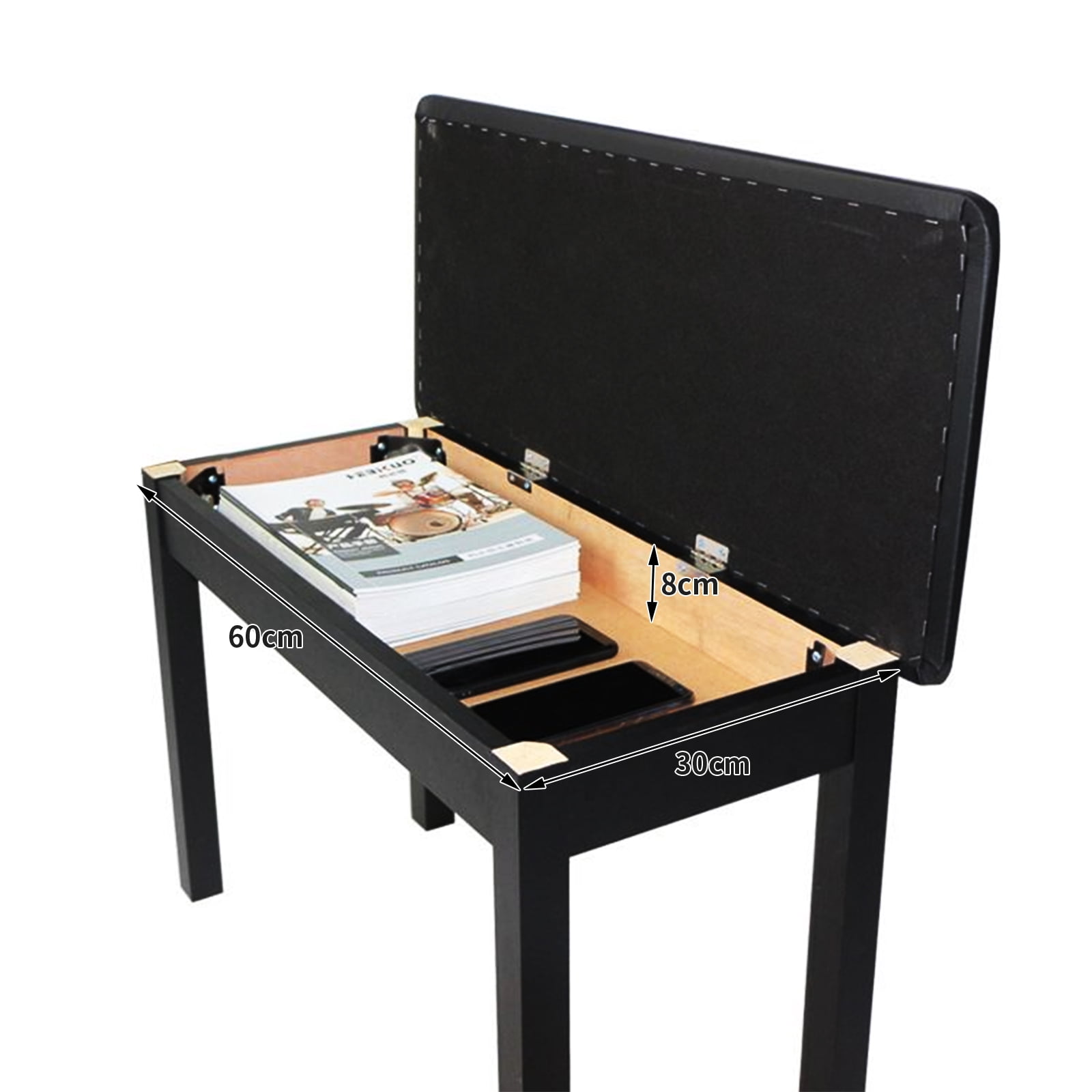 stusgo Piano Bench with Storage, Solid Wood Keyboard Bench Piano Bookcase Stool Chair Seat, Black