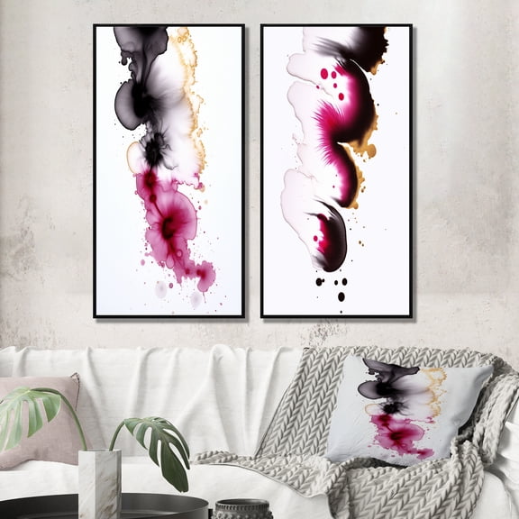 Designart "Fusion in Magenta Minimal Ink Clouds VI" Abstract Painting Framed Wall Art Set Of 2 - Modern Black Framed Canvas Set For Living Room Decor