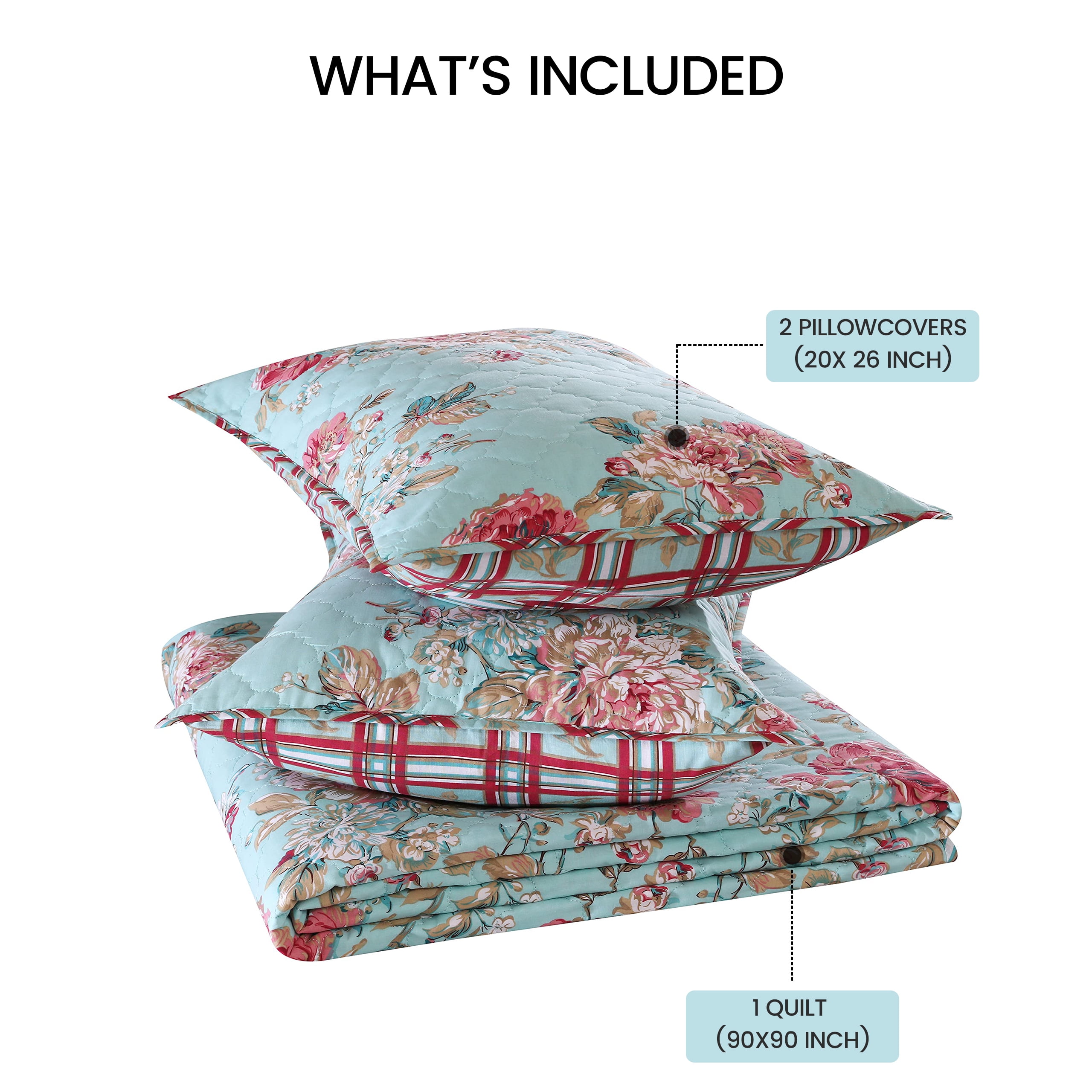 RUVANTI 100% Cotton 3 Pcs Quilt Set Queen/Full Bedspreads, Lightweight Coverlet, Soft, Warm Comforter. All Season Quilts Queen Size Set Include Quilt & 2 Pillowcovers, Reversible Floral Bunch Design