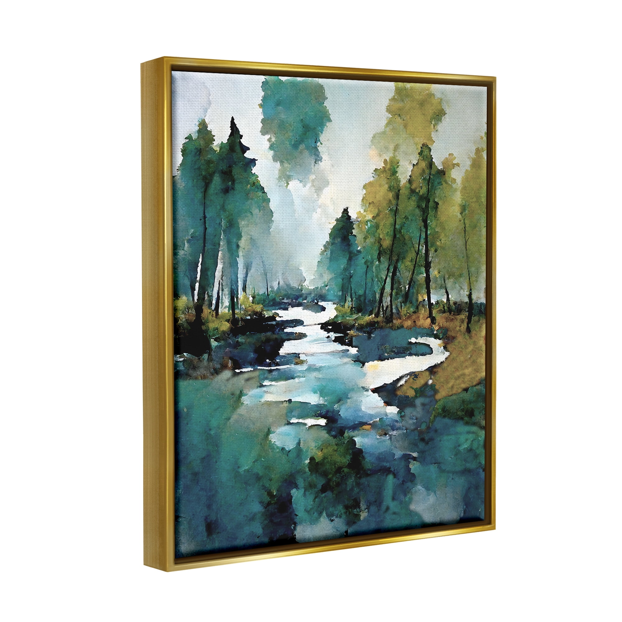 Stupell Industries Woodland Creek Painting Landscape Painting Gold Floater Framed Canvas Art Print Wall Art, 17 x 21