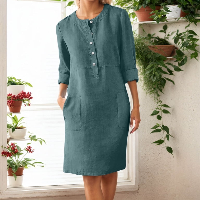 YUNJIAN Women's Casual Button Dress Elegant Loose Fit Comfortable Linen Midi Shirt Dress with Pockets for Home Travel Spring Summer Autumn Womens