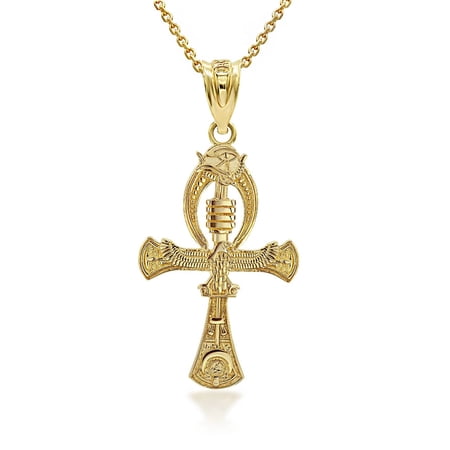10k Yellow Gold 3D Egyptian Ankh Cross Eagle Eye of Horus Wadjet Pendant Necklace (16 Inches)