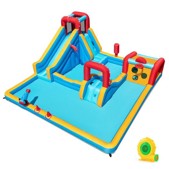 Patiojoy Inflatable Double Water Slide Park 9-in-1 Giant Bounce House w/ Climbing Wall 680W Blower Included