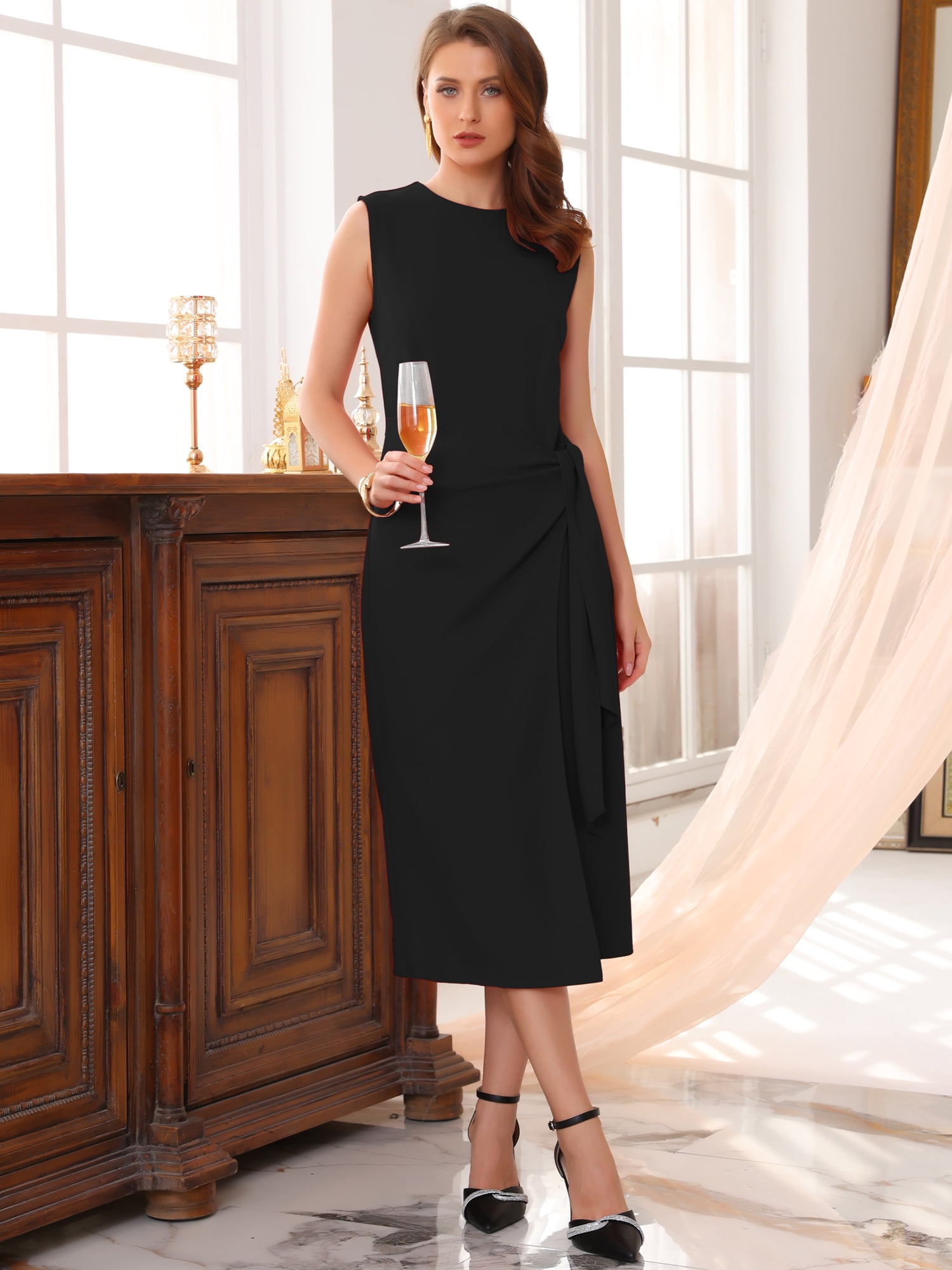 DARING DIVA Women's Front Tie Wrap Elegant Sleeveless Sheath Dress M Black