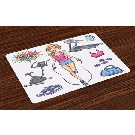 Fitness Placemats Set of 4 Beautiful Young Cartoon Girl Working Out at Gym Bike Treadmill Outfits and Quote, Washable Fabric Place Mats for Dining Room Kitchen Table Decor,Multicolor, by (Best Bike For Working Out)