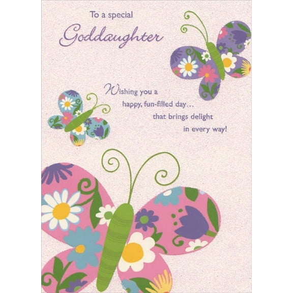 Designer Greetings Three Colorful Butterflies on Glitter Background: Goddaughter Birthday Card
