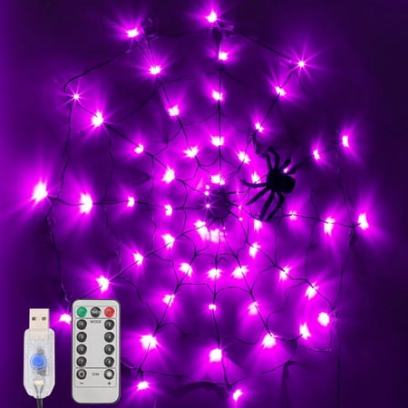 Gustave 3.28ft LED Spider Web Lights with Spider, 8 Modes Light Up Cobweb USB Powered Remote Control for Halloween Indoor Outdoor Yard Party Decorations, Purple