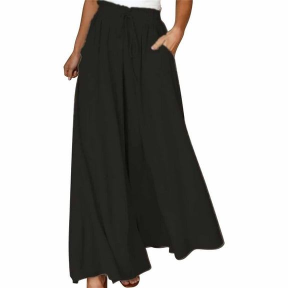 Breathable Wide Leg Palazzo Pants For Women High Waist Flowy Lounge Trousers Lightweight Elastic Waistband Comfortable Casual Spring Summer With Pockets Black L Size