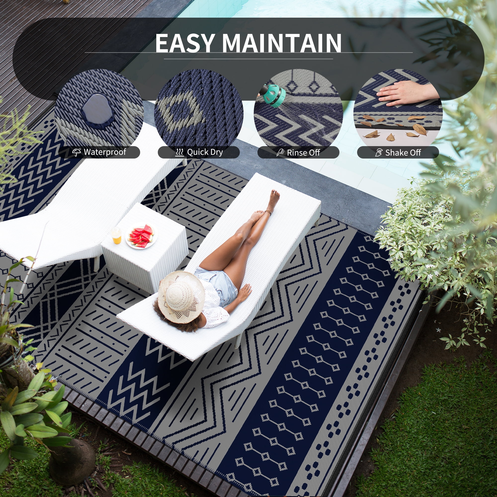 SIXHOME Outdoor Rug 9'x12' Waterproof Patio Rug Reversible Indoor Outdoor Rug Lightweight Plastic Straw Rug for RV Camping Deck Balcony Boho Porch Decor Blue and Gray