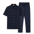 thumbnail image 3 of Men's Summer Casual Short Sleeve Lapel Shirt and Shorts Set 2 Piece Outfit Loose Fit Drawstring Elastic Waist for Vacation Beach Holiday Outdoor Loungewear Daily Wear | Ihhxva,Navy L, 3 of 9