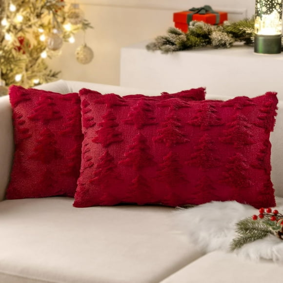 Burgundy Red Throw Pillow Covers Christmas Tree Decorative Pillow Covers 12x20 Inch Soft Plush Faux Wool Pillow Covers Set of 2 Farmhouse Couch Pillows Home Decors for Sofa Livingroom Bed