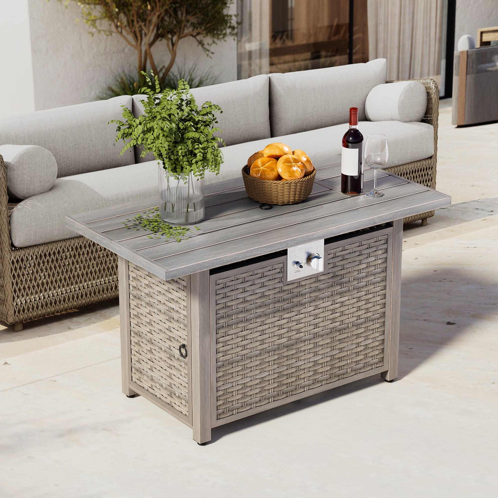 Evita 43'' 50,000 BTU Retangular Outdoor Gas Propan Fire Pit Table in Brown Wicker with Removable Lid and Waterproof Cover