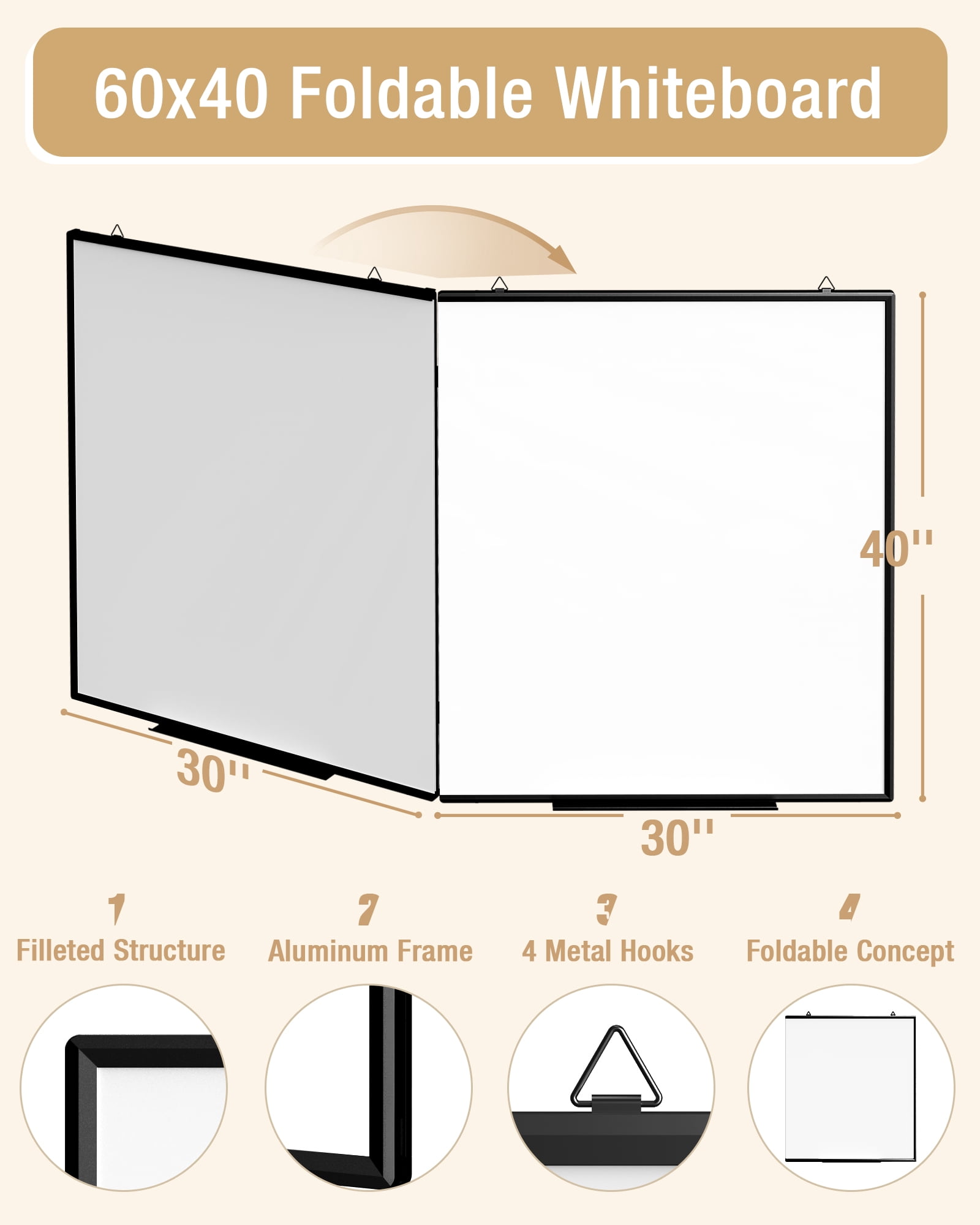 60"X 40" Large Magnetic Dry Erase White Board - Folding Black Aluminum Frame Wall Hanging Message Whiteboard with Markers, Erasers, Magnets