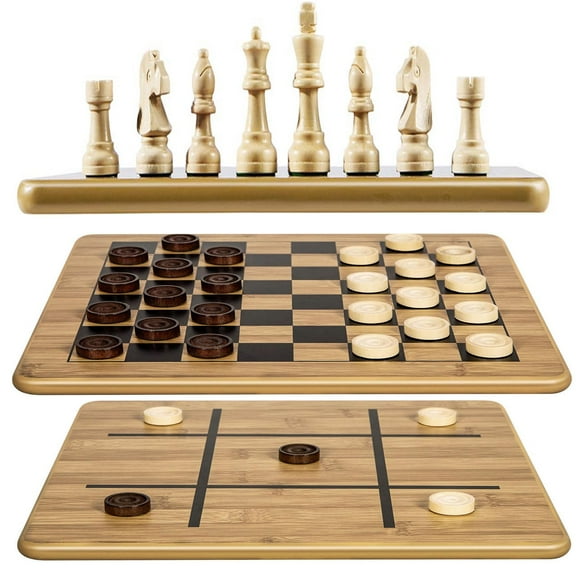 Set de juego VAMSLOVE Checkers Chess Tic-Tac-Toe 3 en 1 con bolsa
