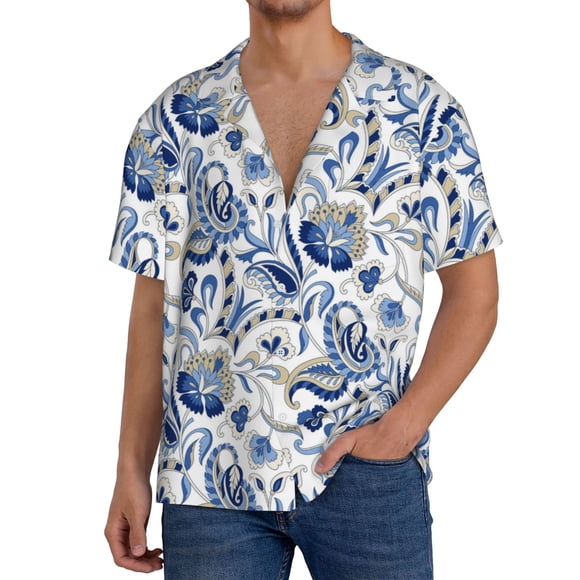 Vsdgher Blue Paisley Print Men's Cuban Shirt, Hawaiian Shirts, Business Casual Button Down Shirts, Short Sleeve Shirt-Medium