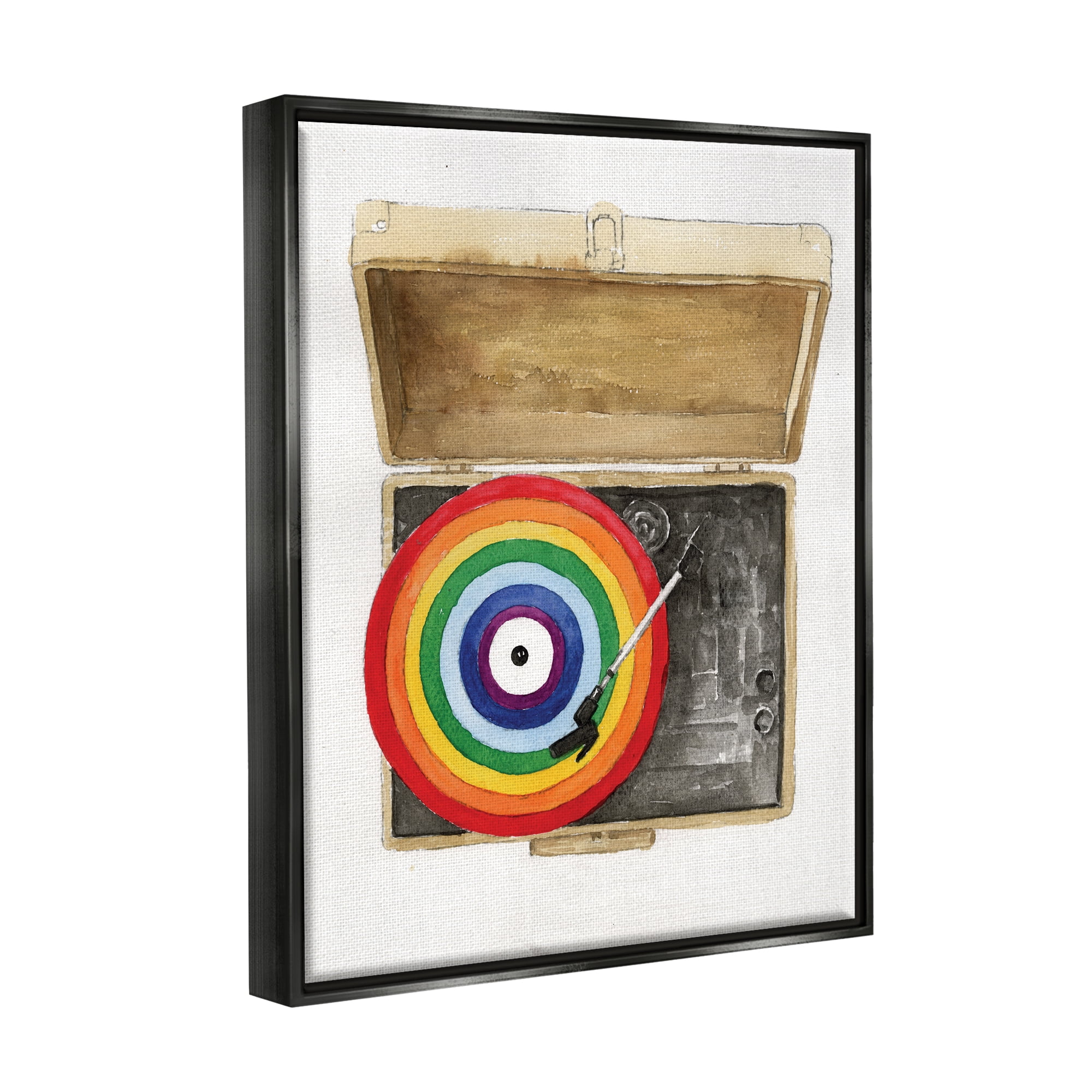 Stupell Industries Rainbow Record Player Performing Arts Painting Black Floater Framed Canvas Art Print Wall Art, 17 x 21