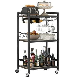 Nathan James Sally 2-Tiered Black Metal Frame Glass Rolling Bar