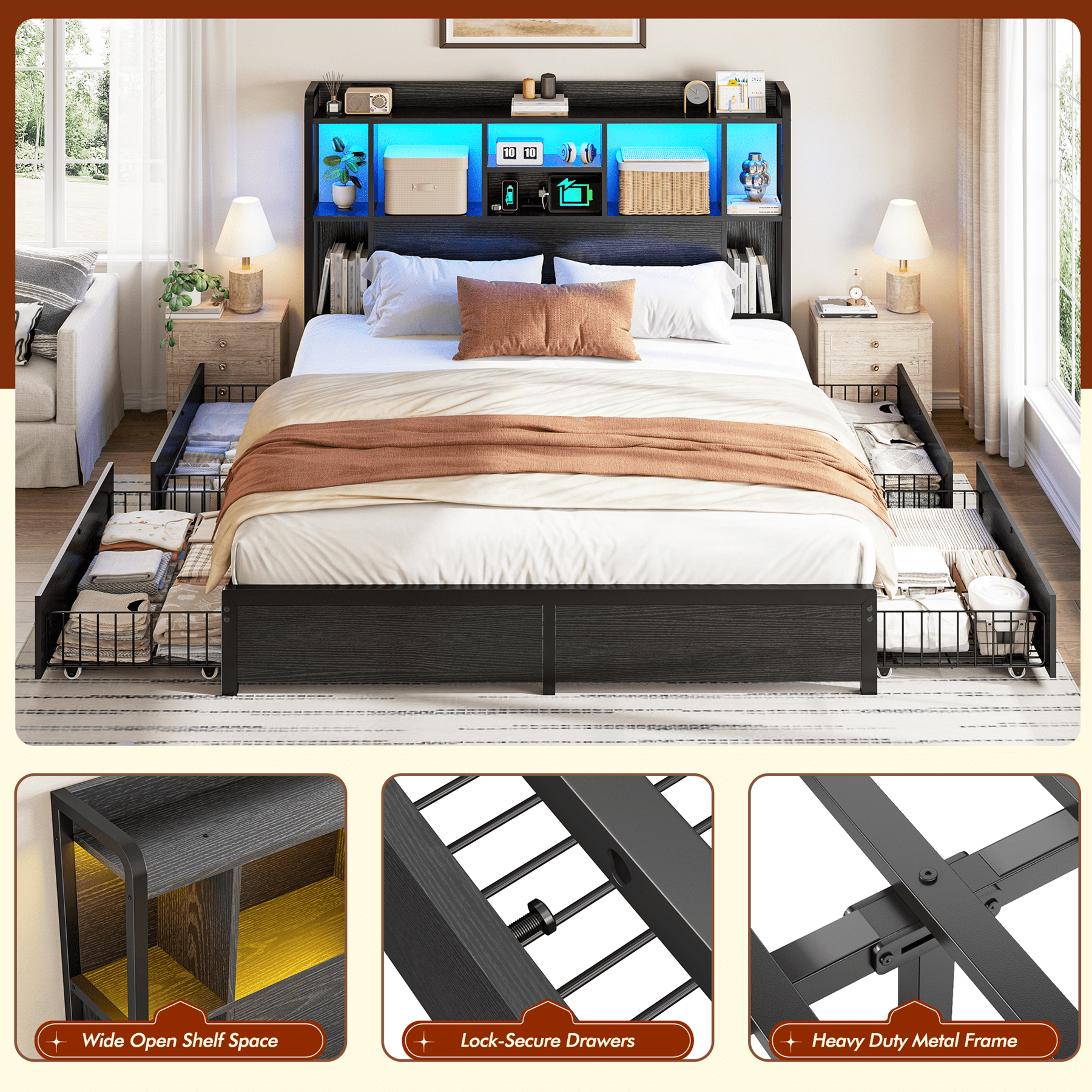 EnHomee Metal Bed Frame with 4 Storage Drawers Full Size Bed Frame with Storage Headboard & 3-Tier Shelf & Charge Station, Black