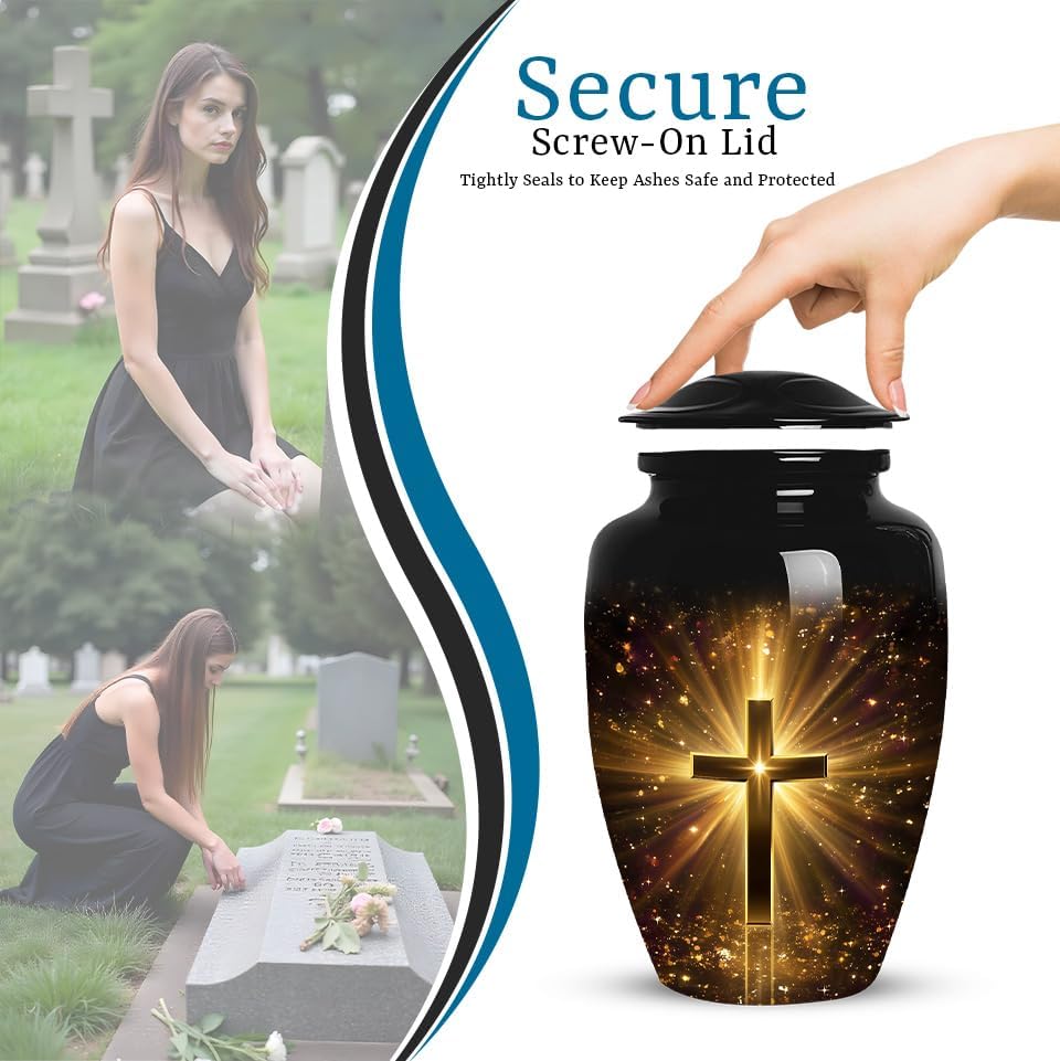 Golden Cross Cremation Urn , Large Urns For Ashes Adult Male, Decorative Memorial Urns For Ashes For Women, Funeral Urn For Adult Human Ash, Size 10 Inch 1 Pcs