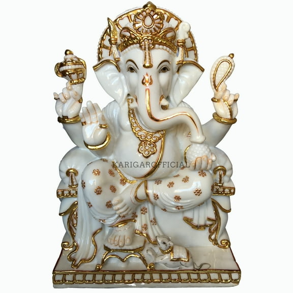Golden Ganesha Statue, Large 24 inches Ganesh Murti, Hindu Religious Prosperity God, White Gold Good Luck Elephant, Marble Ganapati Idol, Vinayak Deity Home Temple Office Housewarming Gifts Sculpture