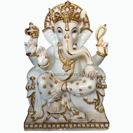 Golden Ganesha Statue Large 24 inches Ganesh Murti Hindu Religious Prosperity God White Gold Good Luck Elephant Marble Ganapati Idol Vinayak Deity Home Temple Office Housewarming Gifts Sculpture