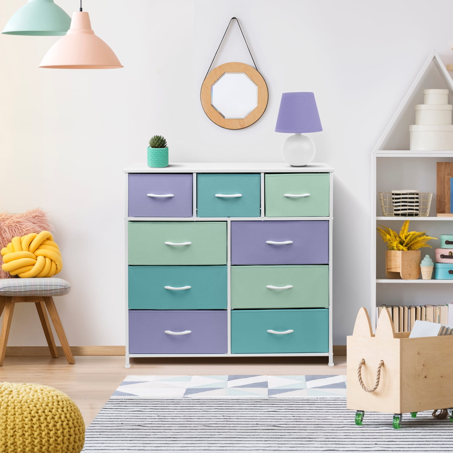 Sorbus Kids Bedroom Dresser - Chest of 9 Drawers with Steel Frame, Wood Top, and Pastel Fabric Bins