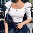 thumbnail image 5 of Short Sleeve Crop Tops for Womens Solid T Shirts Sexy Slim Fit Square Collar Tunic Summer Casual Streetwear, 5 of 5