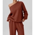 thumbnail image 4 of Women'S 2 Piece Outfits Off the Shoulder Crop Top Wide Leg Sweatpants Matching Lounge Sets Reddish-Brown XXL, 4 of 8