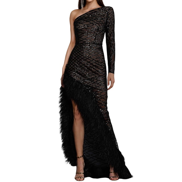 Vestido BELLA BARNETT de malla negra en un hombro con flecos de lentejuelas