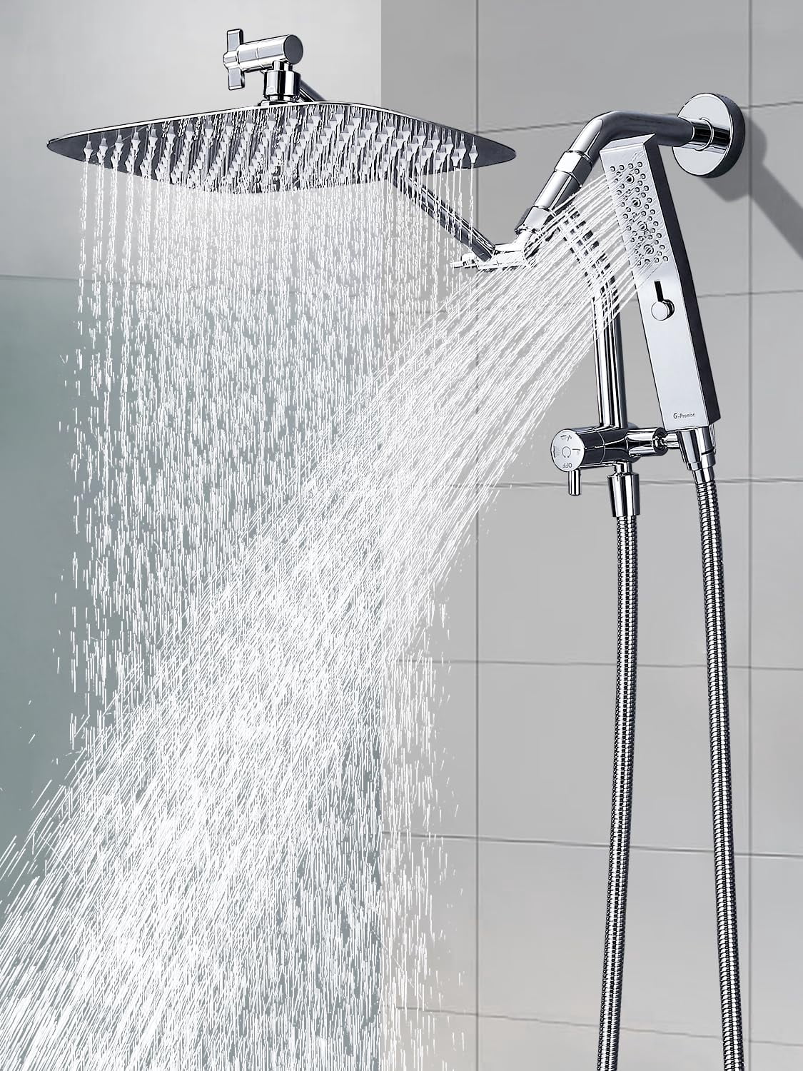 All Metal 12 Inch Shower Head With Massage Mode Handheld  Rain Spray Combo 3-way Diverter Pause Setting 11 Adjustable Extension Arm (chrome)
