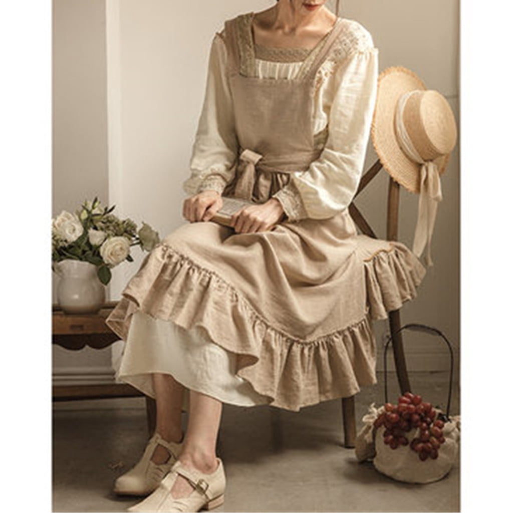 Yokua Ruffle Baking Apron Pinafore Dress Adjustable Maid Costume Apron with Pockets