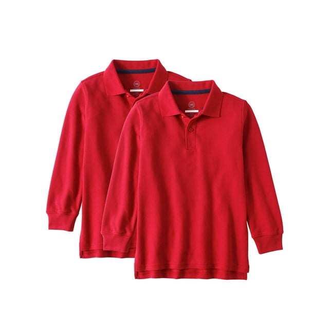 Wonder Nation Boys 4-18 School Uniform Long Sleeve Double Pique Polo Shirt, 2 Pack Value Bundle