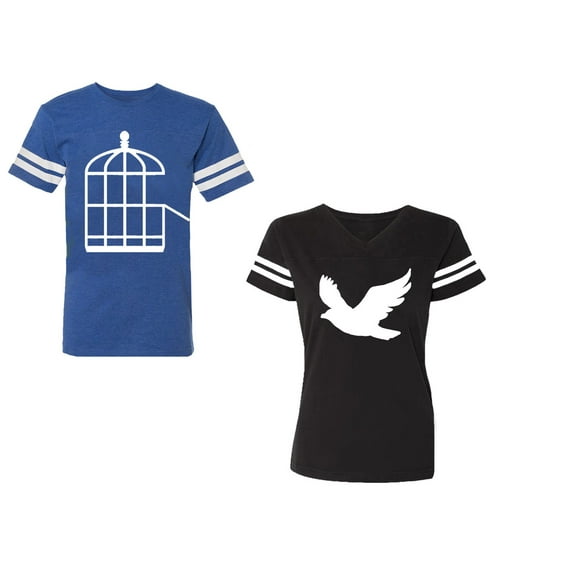 Bird CageUnisex Couple Matching Cotton Jersey style T-Shirt Contrasting stripes on sleeves (Men Royal / Women Black) (Men S / Women S)