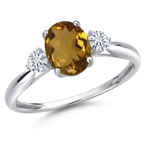 Gem Stone King 10K White Gold Whiskey Quartz and White Moissanite 3-Stone Ring for Women | 1.20 Cttw | Oval 8X6MM | Gemstone Birthstone | Size 8