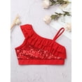 thumbnail image 5 of CHICTRY Kids Girls Asymmetrical Shoulder Sequins Crop Top with Shorts for Dance Gymnastics Performance Competition Red 12, 5 of 7