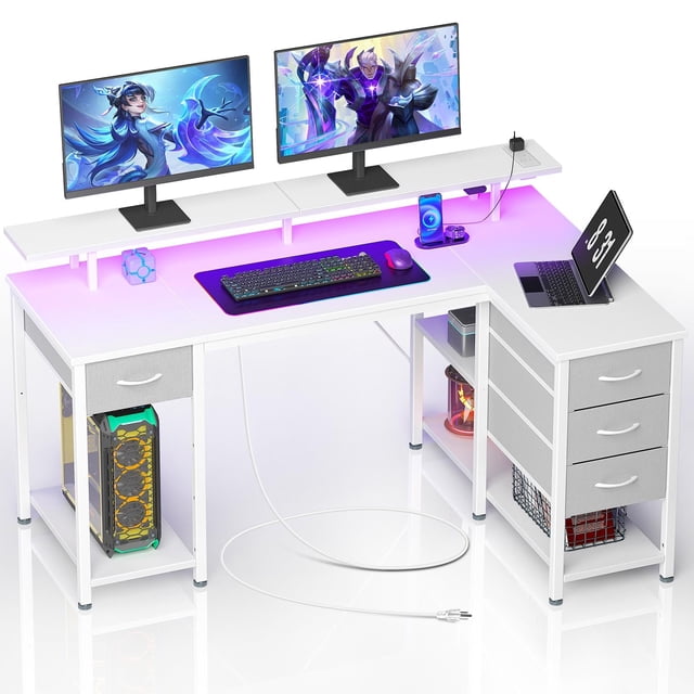 Seventable Gaming Desk with Drawers, 47.2 Inch L Shaped Desk with Storage Shelves, Small Office Desk with LED Lights & Power Outlets, White Corner Computer Desk with Monitor Stand for Bedroom