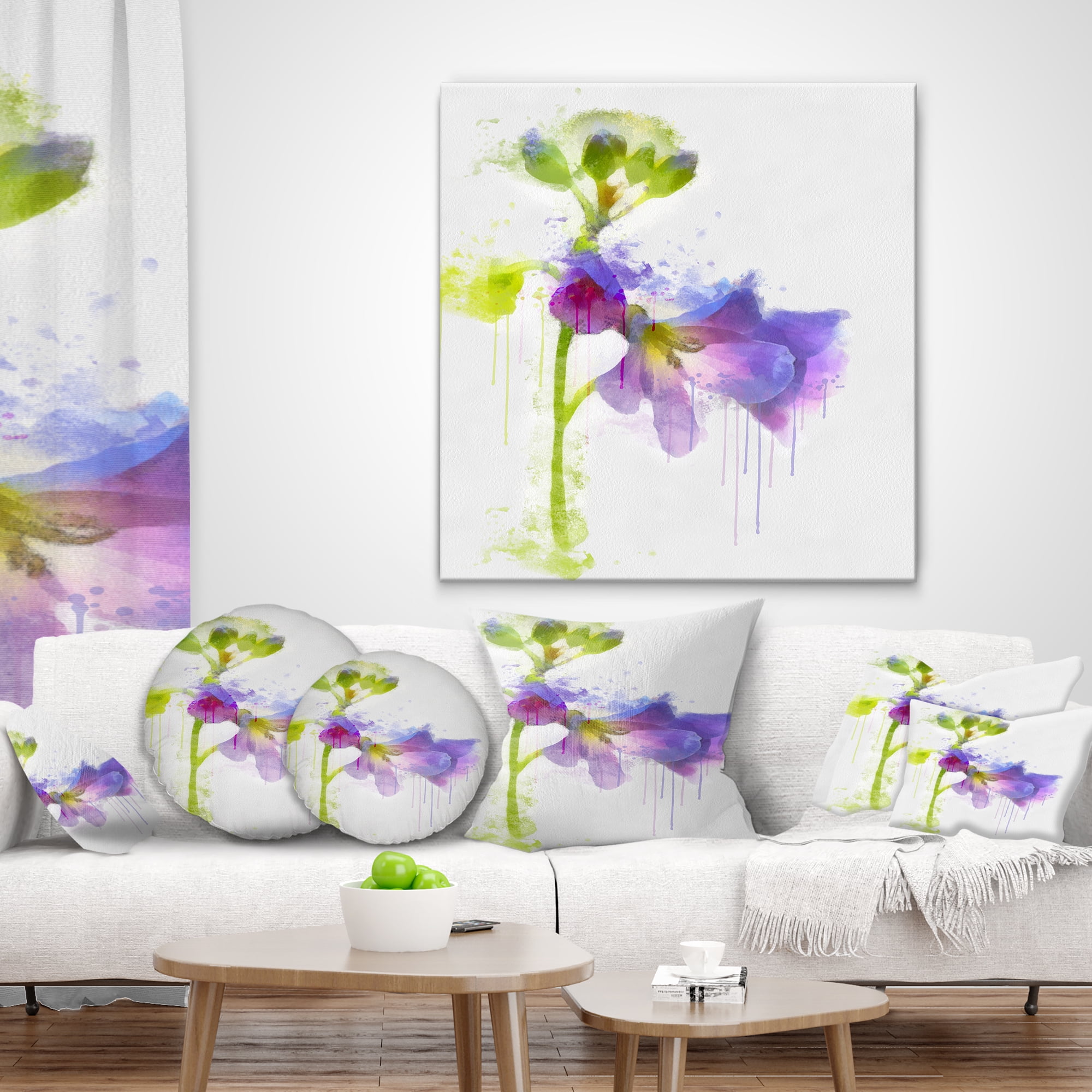 Designart Blue Hand drawn Eustoma Watercolor - Floral Throw Pillow - 18x18