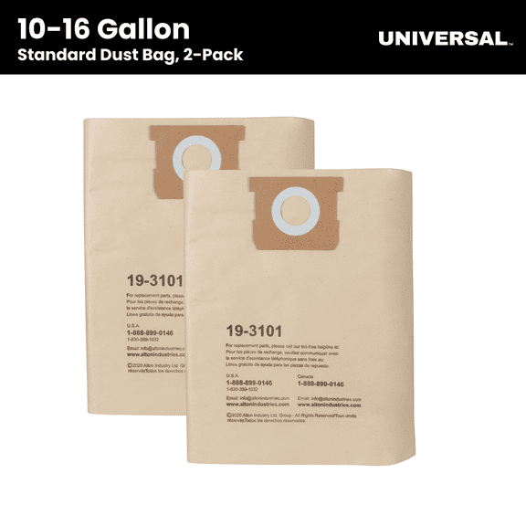 Universal Disposable Standard Dust Bag, 2-pack Compatible with 10-16 Gallon Wet/Dry Vacuums