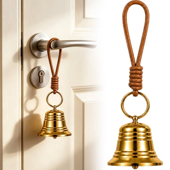 Small Brass Hanging Bell for Door Knob, Gold Finish with Cowhide Rope, Melodious Chime for Front Door, Porch and Desk, Compact Decorative Doorbell, Gold, 1 Count
