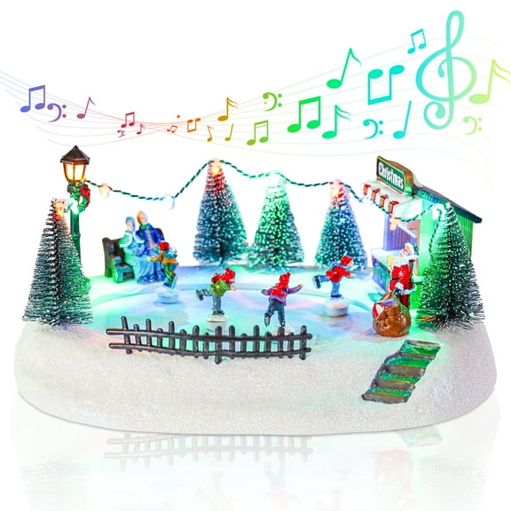 Christmas Village-Christmas Village Skating House Figurines Christmas Skiing Decor,Christmas Home Decoration Snow Globe Multicolor Lighted with Music X-Large