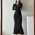 thumbnail image 2 of Fall Dresses for Women Long Sleeve Zip up V Neck Slim Fitted Mermaid Dresses Solid Color Long Dress, 2 of 7