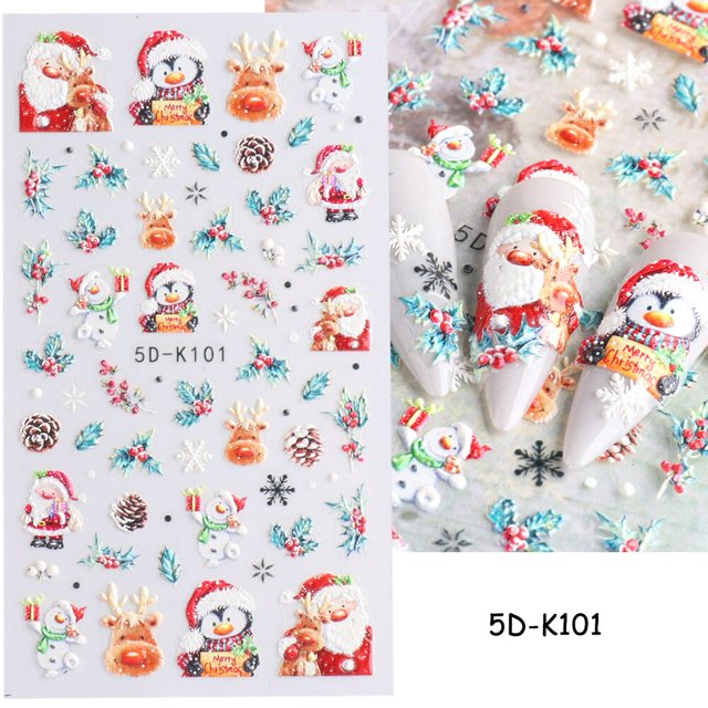 Pegatinas de Arte de uñas de Navidad en relieve 5D, invierno, Año Nuevo, rojo, Santa Claus, árbol, pingüinos, muñeco de nieve, calcomanías deslizantes, GLJI-5D DE MANICURA