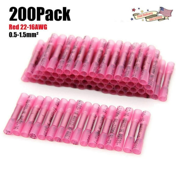 200Pcs Red Heat Shrink Butt Wire Connectors Crimp Terminals AWG 22-16 Gauge