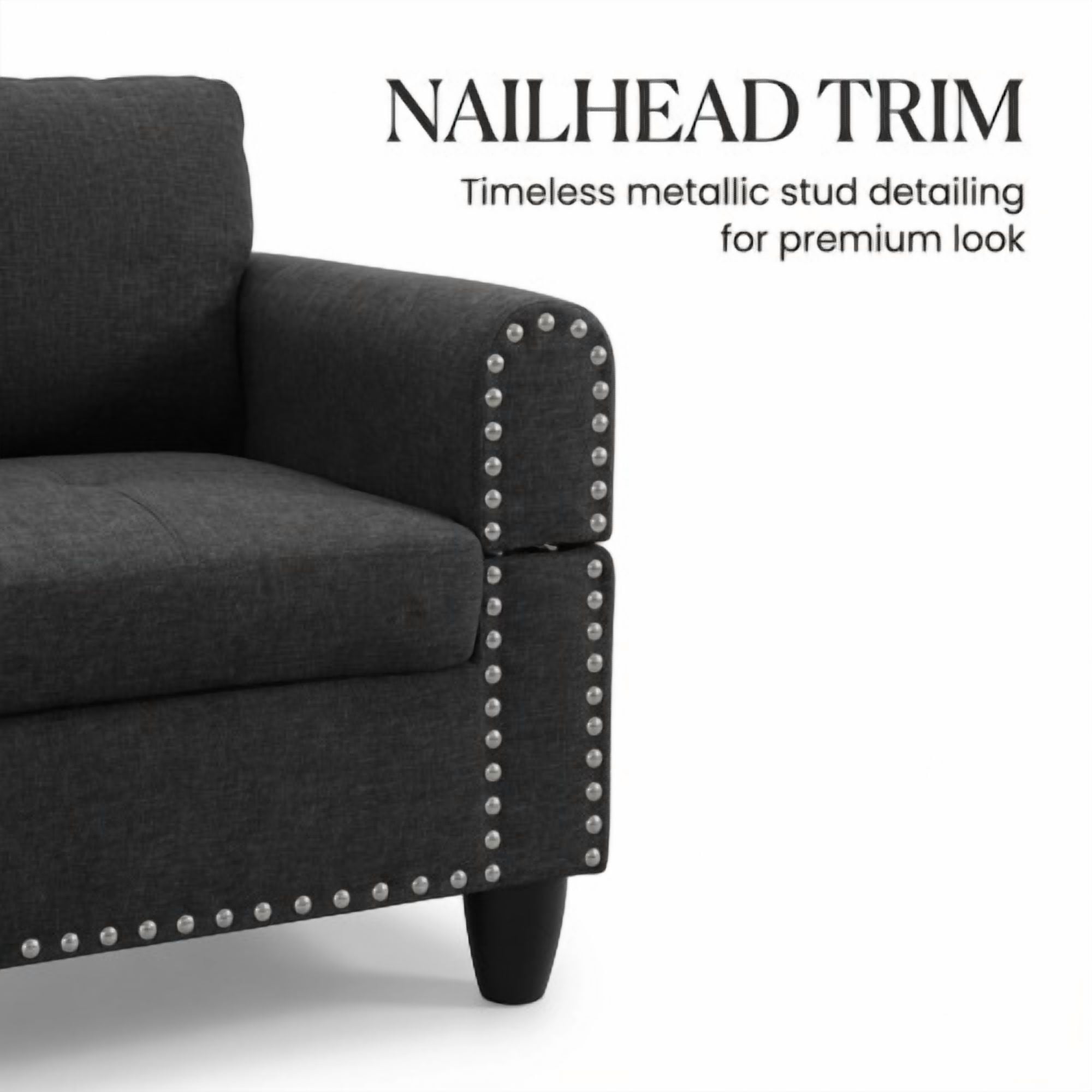 97.5" L-Shaped Sectional Sofa, 2-Piece Modular Couch with Right Chaise, Black Grey Linen, Built-in Cup Holders, Nailhead Trim, Solid Wood Frame