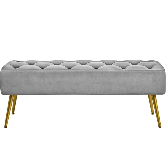 Button-Tufted Dining Bench for Kitchen, Upholstered Velvet Bench with Gold Metal Base for Living Room Entryway, Sturdy Accent Seating for Bedroom, Gray