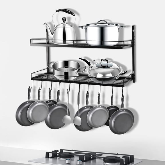 Pot Rack Organizer, Wall Mounted 2 Tier Hanging Pot Rack, Multipurpose Organizer with 10 Hooks for Pots, Condiments and Various Kitchen Utensils